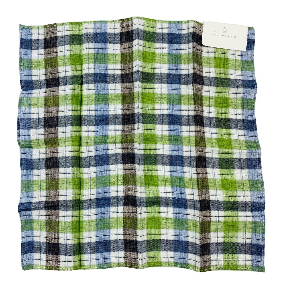 Brunello Cucinelli Blue Green Checked Linen Mens Pocket Square NWT